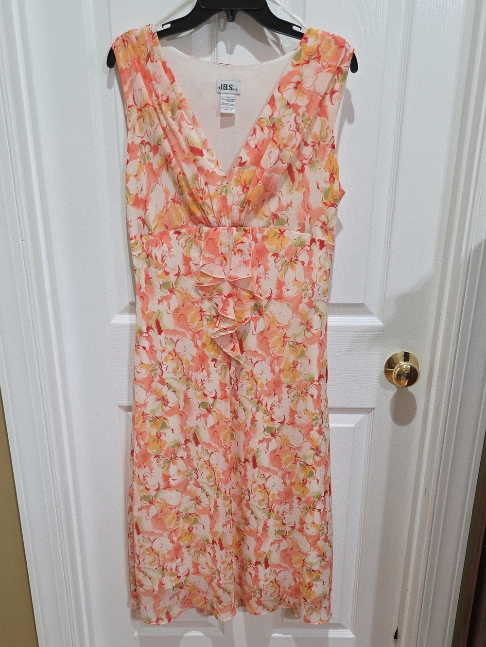 J.B.S. Peach and Cream Floral V-Neck Midi Dress